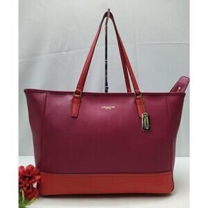 Coach City Tote Colorblock Red Magenta Leather Zipper Tote Shoulder Bag